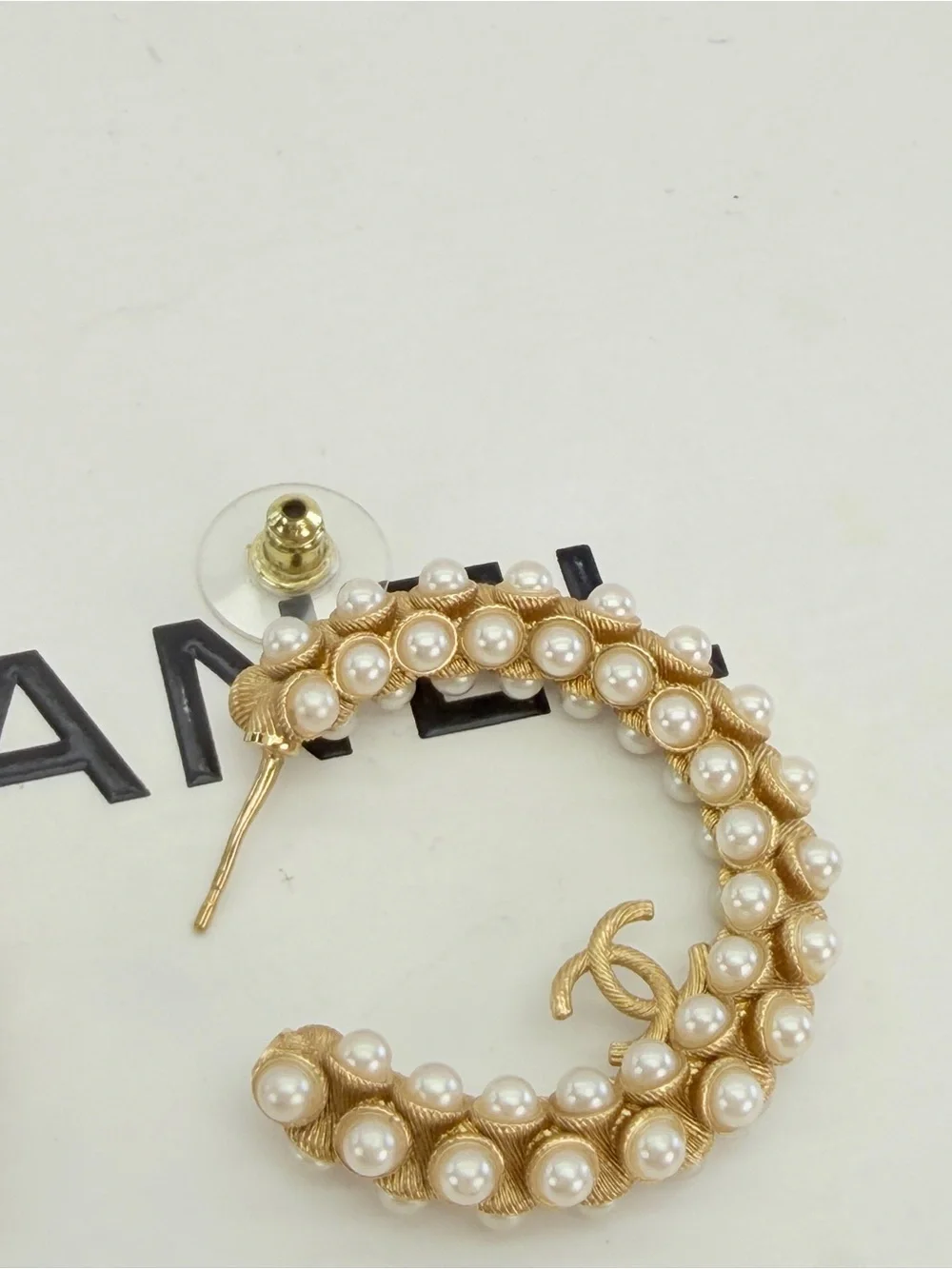 Chanel 2023 Faux Pearl CC Hoop Earrings
